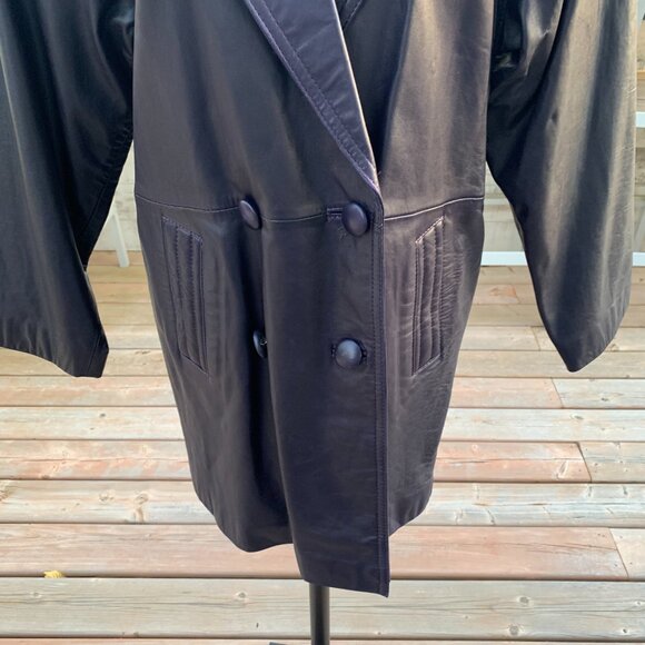 Vintage 80s Purple Italian Leather Retro Blazer Coat Overcoat Jacket - Picture 3 of 14